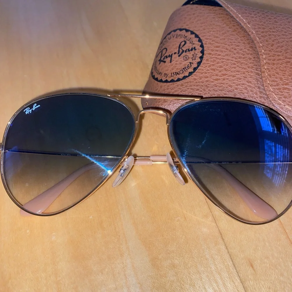 Ray-Ban Gold Frame Sunglasses with Blue Gradient Lenses and Brown Case